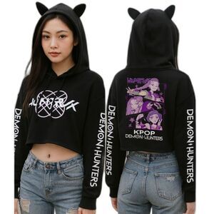 K-Pop Demon Hunters Cat-Ears Crop Hoodie – Girls Long Sleeve Sweatshirt